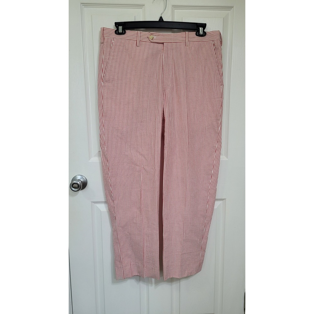 Berle Mens Red White Seersucker Striped Flat Front Trousers Pants Size 36x27